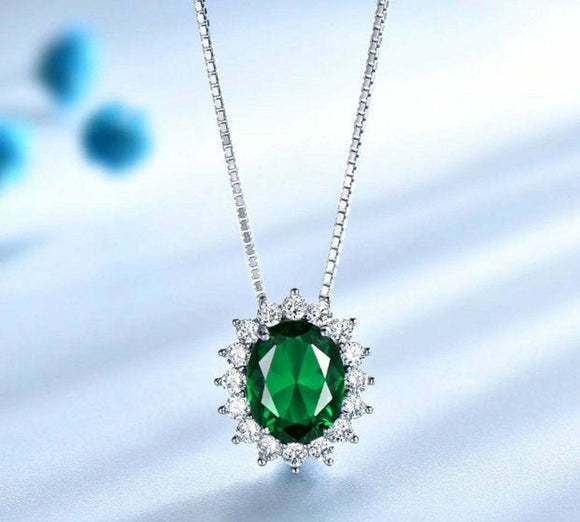 2.4ct Emerald Pendant Oval Cut Diamond Floral Halo 14k WhiteGold Finish NO CHAIN