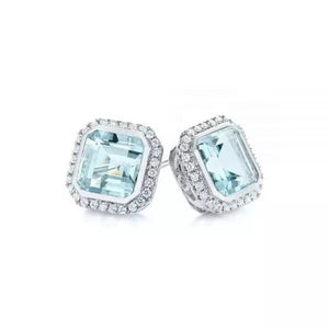 1ct Asscher Cut Simulated Aquamarine Halo Stud Earrings 14k White Gold Plated