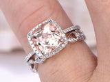 2ct Cushion Cut Peach Morganite Bridal Set Engagement Ring 14k White Gold Finish