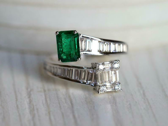 2.4ct Engagement Ring Green Emerald Cut Bypass Style 14k White Gold Finish