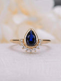 1ct Pear Cut Blue Sapphire Engagement Ring Diamond Crown 14k Yellow Gold Finish