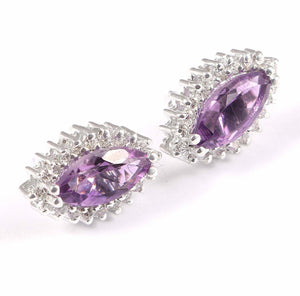 2.3ct Marquise Cut Amethyst Diamond Floral Stud Earrings 14k White Gold Finish