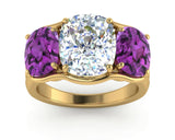 2ct Oval Cut Diamond Amethyst Three Stone Engagement Ring 14k Yellow Gold Finish