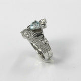 2ct Heart Blue Aquamarine Engagement Ring Claddagh Bridal Set 14k WhiteGold Over