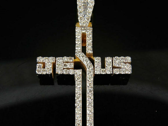 1.15ct Round Cut Diamond Pendant Jesus Written Cross Charm 14k YellowGold Finish