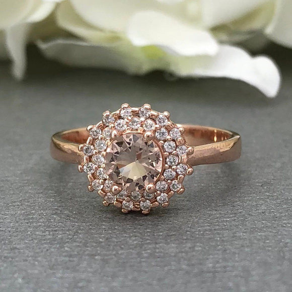 2ct Round Cut Peach Morganite Double Halo Engagement Ring 14k Rose Gold Finish