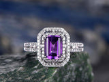 1ct Emerald Cut Amethyst Solitaire Halo Engagement Ring 14k White Gold Finish