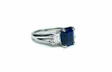 3.75ct Emerald Cut Blue Sapphire Engagement Ring Trilogy 14k White Gold Finish