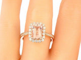 3Ct Emerald Cut Peach Morganite Diamond Halo Engagement Ring 18K Rose Gold Over