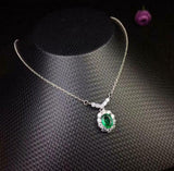 1.6ct Green Emerald Pendant with Chain Oval Cut Diamond Halo 14k White Gold Over