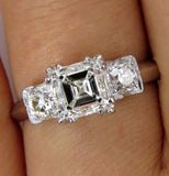 3.5Ct Asscher Cut Trilogy Engagement Ring 18K White Gold Finish Round Accents