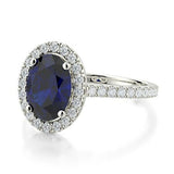 2.5ct Oval Cut Blue Sapphire Round Accent Diamond Halo Ring 14k WhiteGold Finish