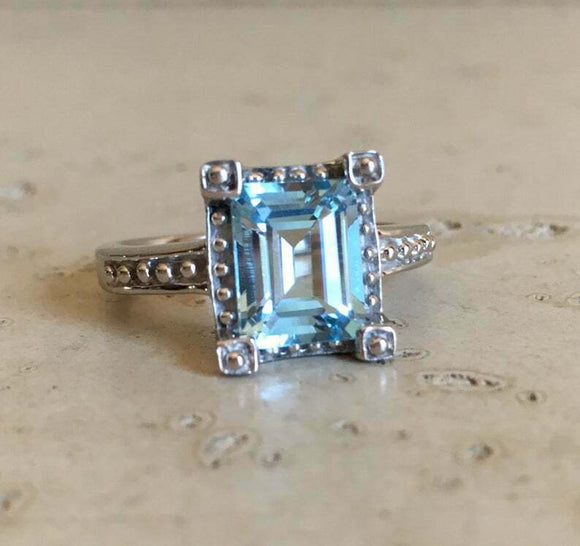 2ct Emerald Blue Aquamarine Engagement Ring Vintage Solitaire 14k WhiteGold Over