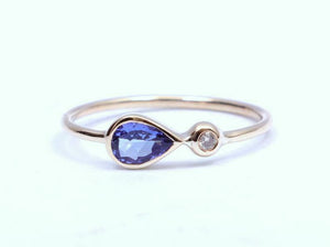 1ct Pear Cut Blue Tanzanite Two Stone Minimalist Ring 14k Yellow Gold Finish