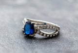 1.6ct Engagement Ring Oval Cut Blue Sapphire Split Shank 14k White Gold Finish