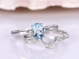 1.3ct Oval Cut Blue Aquamarine Bridal Set Engagement Ring 14k White Gold Finish