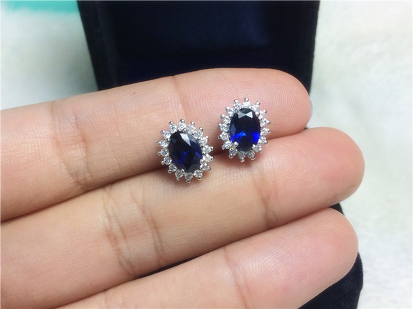 2ct Oval Cut Blue Sapphire Flower Solitaire Stud Earrings 14k White Gold Finish