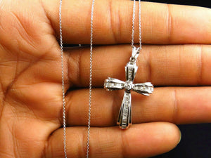 0.6ct Baguette Cut Diamond Jesus Cross Charm Pendant Chain 14k White Gold Finish