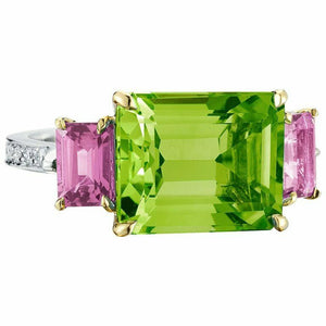 4ct Emerald Cut Green Peridot Engagement Ring Trilogy Accent 14k Dual Tone Over