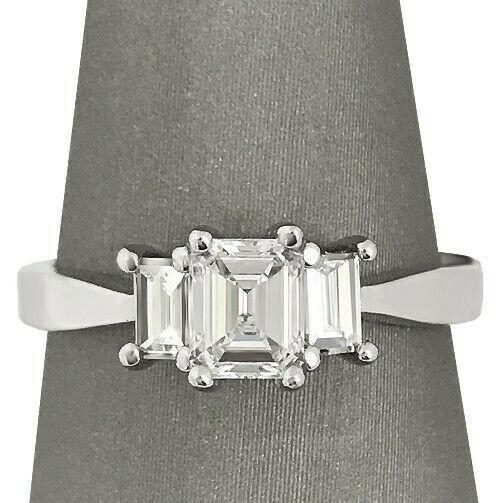 3Ct Emerald Cut Diamond Solitaire Trilogy Engagement Ring 14K White Gold Finish