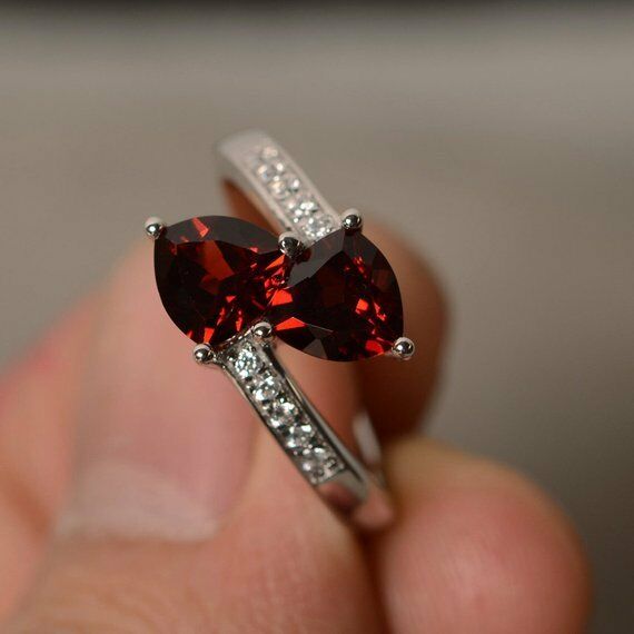 2ct Trillion Cut Red Garnet Double Stone Engagement Ring 14k White Gold Finish