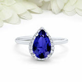 3ct Pear Cut Sapphire Engagement Ring Diamond Halo Minimalist 14k WhiteGold Over