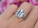 2.3ct Emerald Cut Aquamarine Engagement Ring Split Band Halo 14k White Gold Over