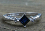 1ct Engagement Ring Princess Cut Blue Sapphire Three Stone 14k White Gold Finish