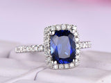 2ct Elongated Cushion Cut Blue Sapphire Engagement Ring Halo 14k White Gold Over