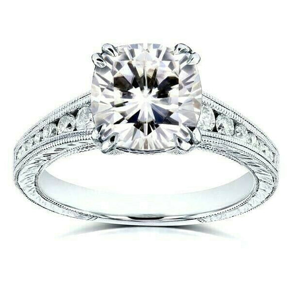 3Ct Cushion Cut Diamond Vintage Engagement Ring 14K White Gold Over Round Accent