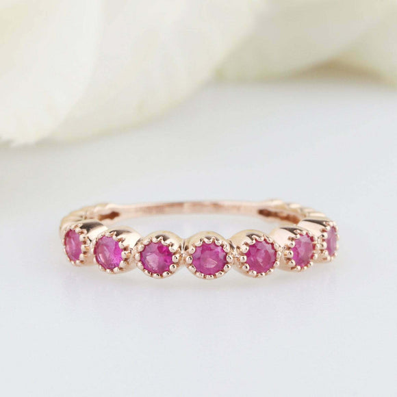 1ct Round Cut Pink Ruby Wedding Band Milgrain Half Eternity 14k Rose Gold Finish