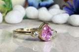 1.4ct Engagement Ring Pear Pink Sapphire Trilogy Minimalist 14k Yellow Gold Over