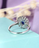 2.5ct Oval Cut Blue Sapphire Baguette Halo Engagement Ring 14k White Gold Finish