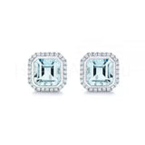 1ct Asscher Cut Simulated Aquamarine Halo Stud Earrings 14k White Gold Plated