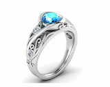 2ct Round Cut Blue Aquamarine Leaf Vine Solitaire Accent Ring 14k WhiteGold Over