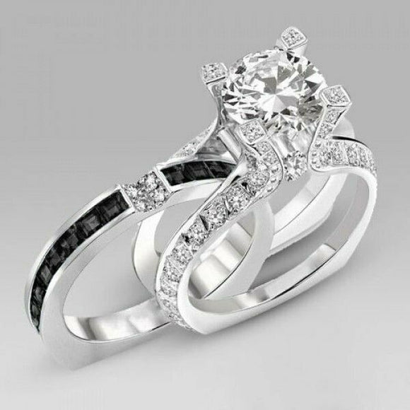 4Ct Round Cut Diamond Bridal Set Unique Band Inside Ring 14K White Gold Finish