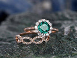 3Ct Round Cut Green Emerald Bridal Set Halo Floral Ring Band 14K Rose Gold Over