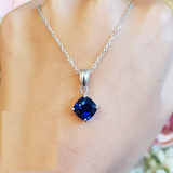 2ct Cushion Cut Blue Sapphire Pendant with Chain Solitaire 14k White Gold Finish