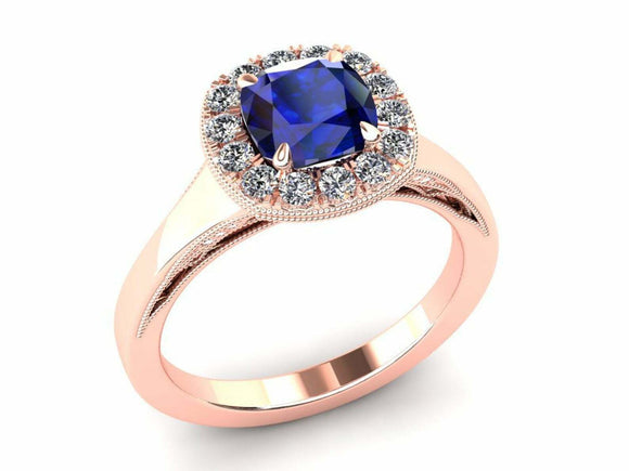 1.5ct Cushion Cut Blue Sapphire Diamond Halo Milgrain Ring 14k Rose Gold Finish