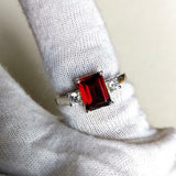 1.7ct Engagement Ring Emerald Cut Red Garnet Three Stone 14k White Gold Finish