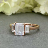 Three Stone Solitaire Engagement Ring 2ct Emerald Cut Diamond 14k Rose Gold Over