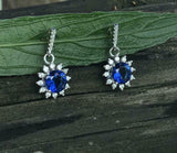 1.5ct Round Cut Blue Sapphire Diamond Floral Drop Earrings 14k White Gold Finish