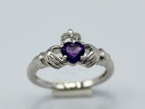 1.1ct Heart Cut Purple Amethyst Claddagh Engagement Ring 14k White Gold Finish