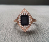 2Ct Emerald Cut Black Diamond Halo Vintage Engagement Ring 14K Rose Gold Finish