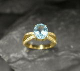 1.6ct Engagement Ring Oval Cut Blue Aquamarine Split Shank 14k YellowGold Finish