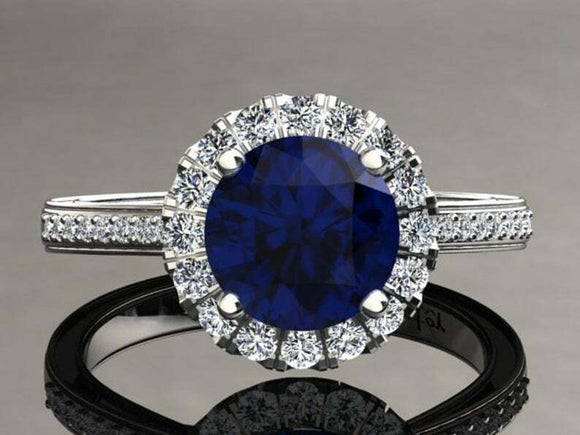 2.3ct Round Cut Blue Sapphire Engagement Ring Solitaire Halo 14k White Gold Over