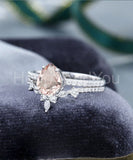 2ct Pear Cut Simulated Peach Morganite Curved Bridal Set 14k White Gold Plated