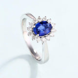 2.2ct Oval Cut Blue Sapphire Cluster Flower Solitaire Ring 14k White Gold Finish