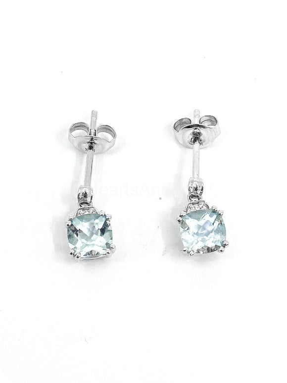 1ct Cushion Simulated Aquamarine Dual Prong Drop Earrings 14k White Gold Plated