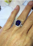 4ct Cushion Blue Sapphire Engagement Ring Split Shank Halo 14k White Gold Finish